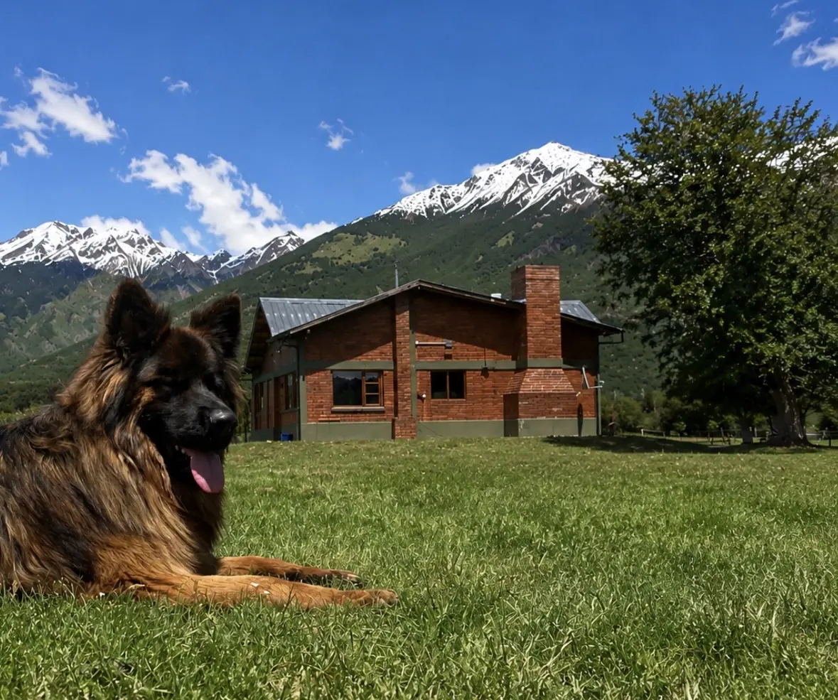 Perro descansando frente a Refugio Cordillerano y la montaña nevada